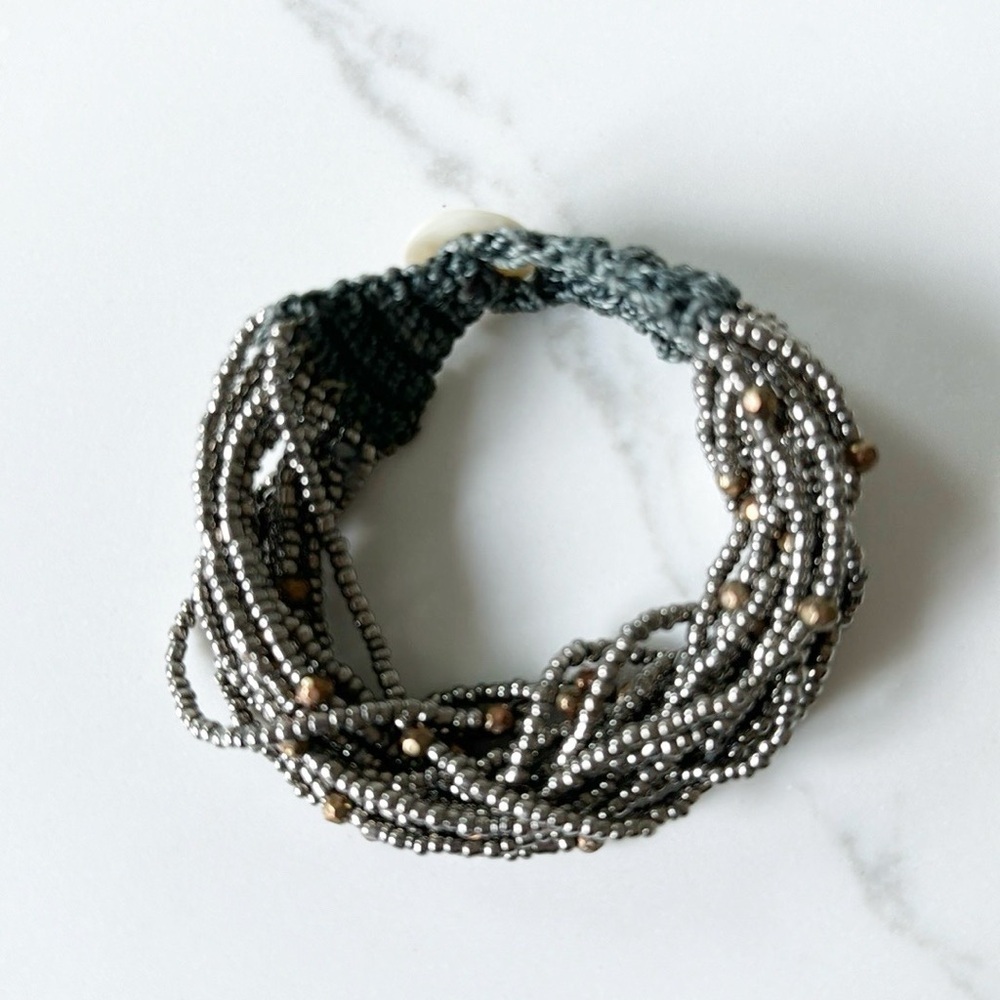 Beaded wrap bracelet with button closure metallic silver